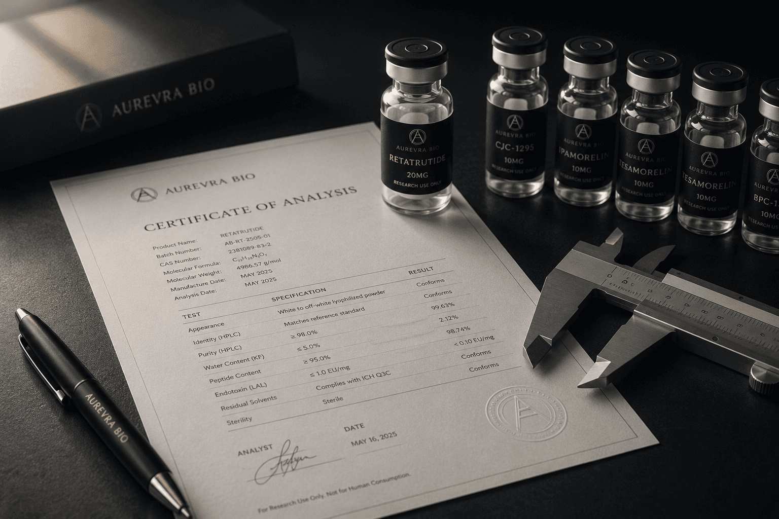 Certificate of Analysis with Aurevra Bio research peptide vials, precision caliper, and laboratory documentation.