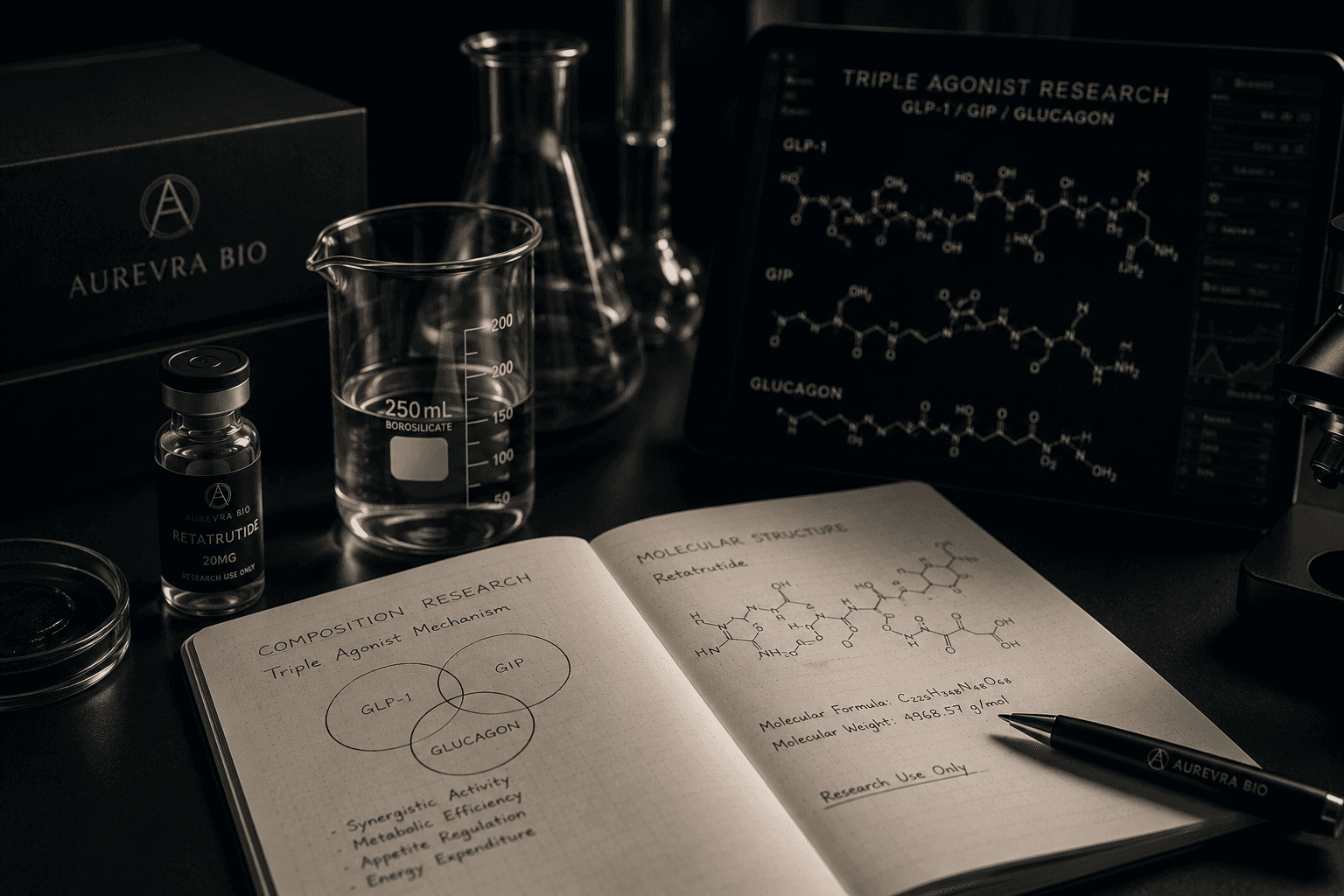 Scientific laboratory workspace with molecular research notebook, laboratory glassware, and peptide research materials.
