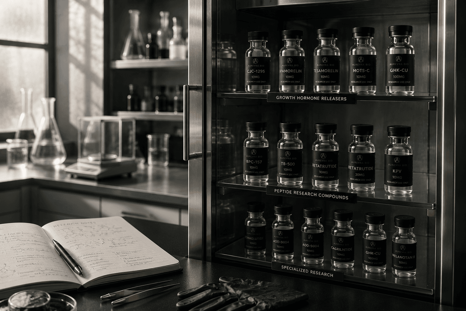 Organized pharmaceutical research storage cabinet containing Aurevra Bio lyophilized peptide vials in a controlled laboratory environment.
